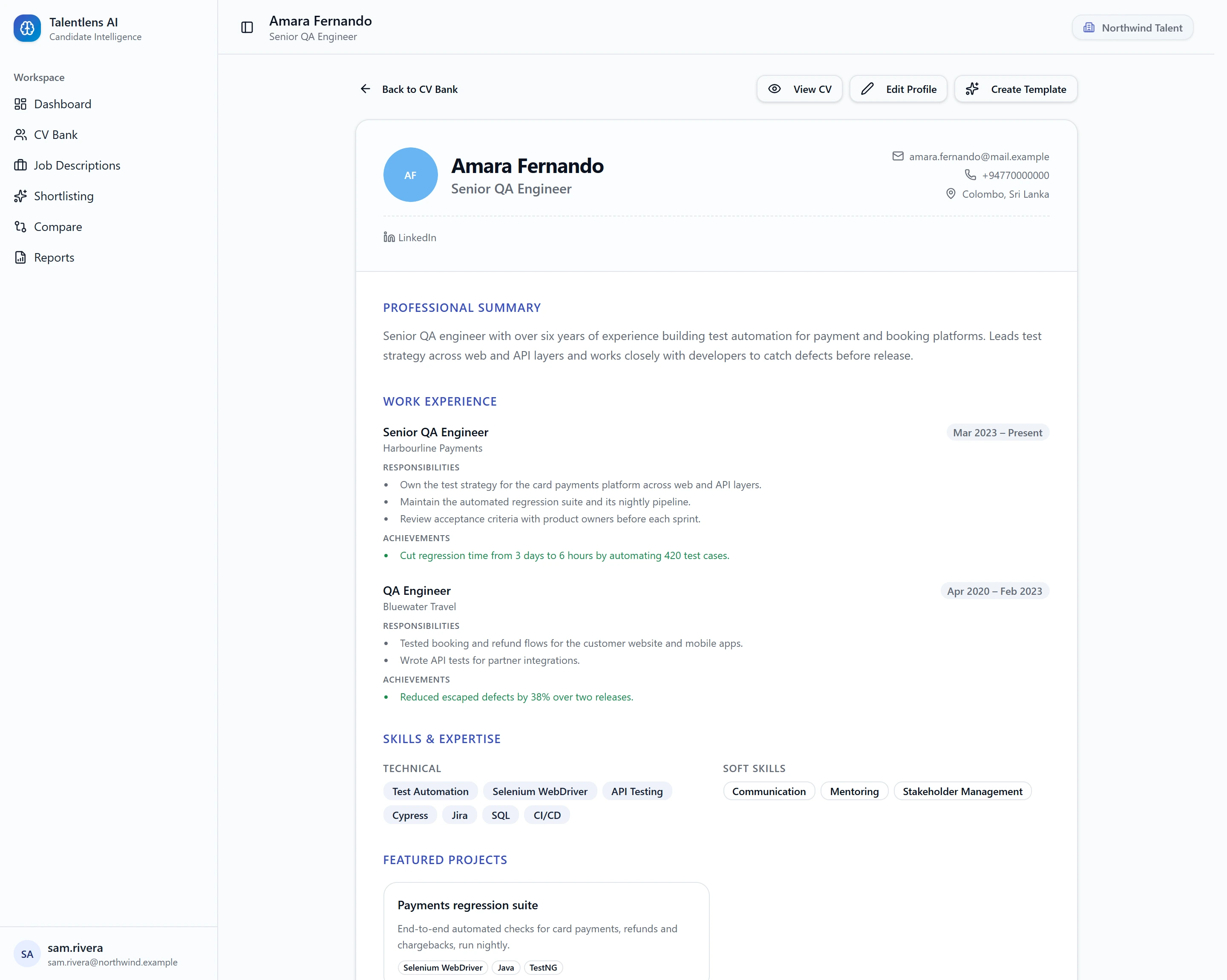 A candidate profile, with summary, work experience and skills