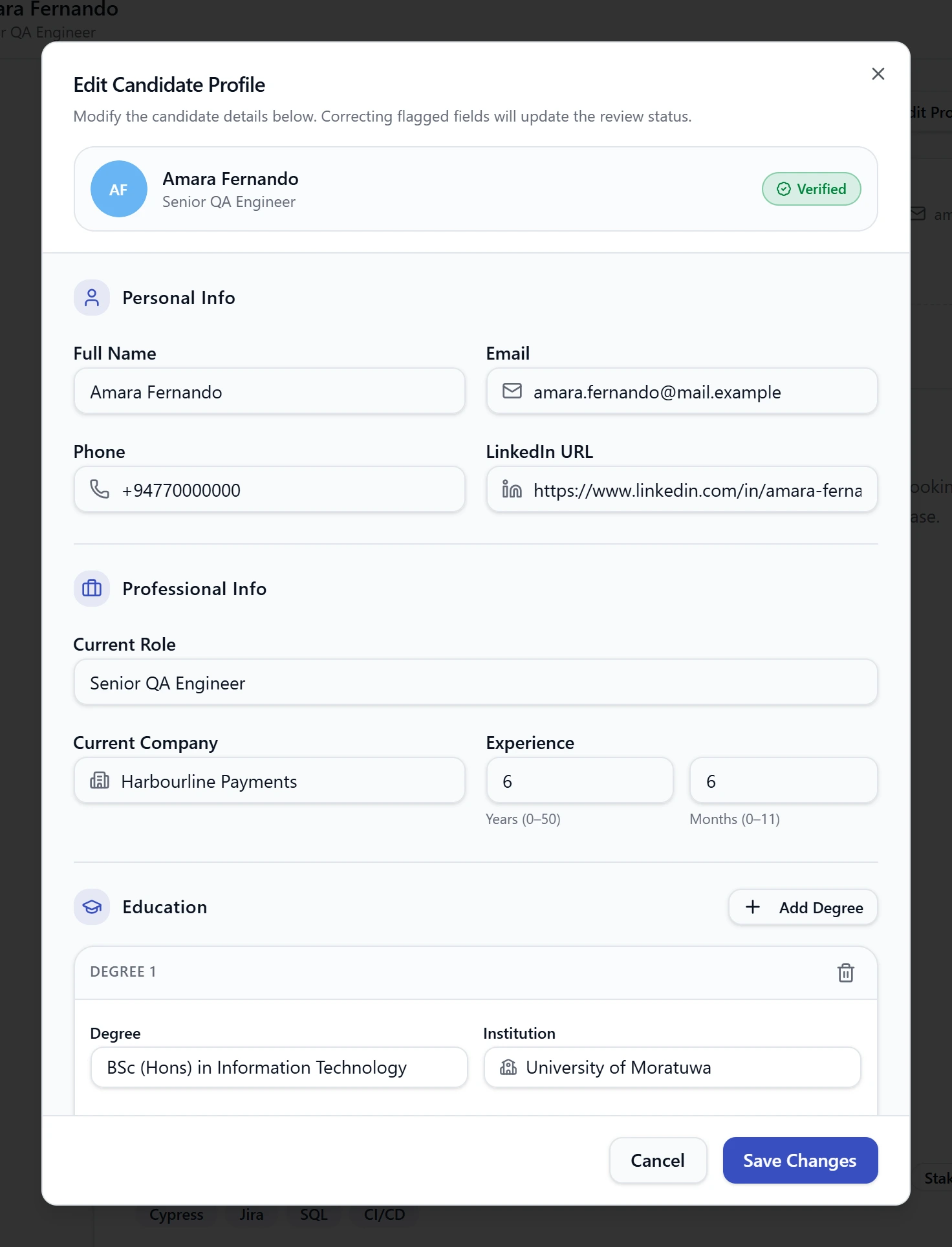 The Edit Candidate Profile form, with personal, professional and education details