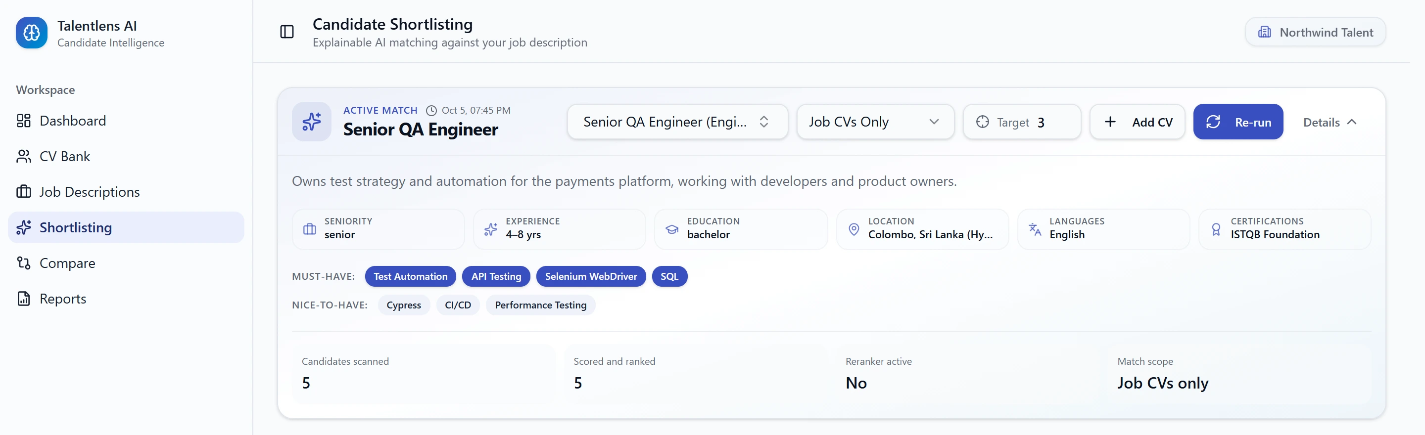 The Details panel, showing the job's requirements and the facts about the match run