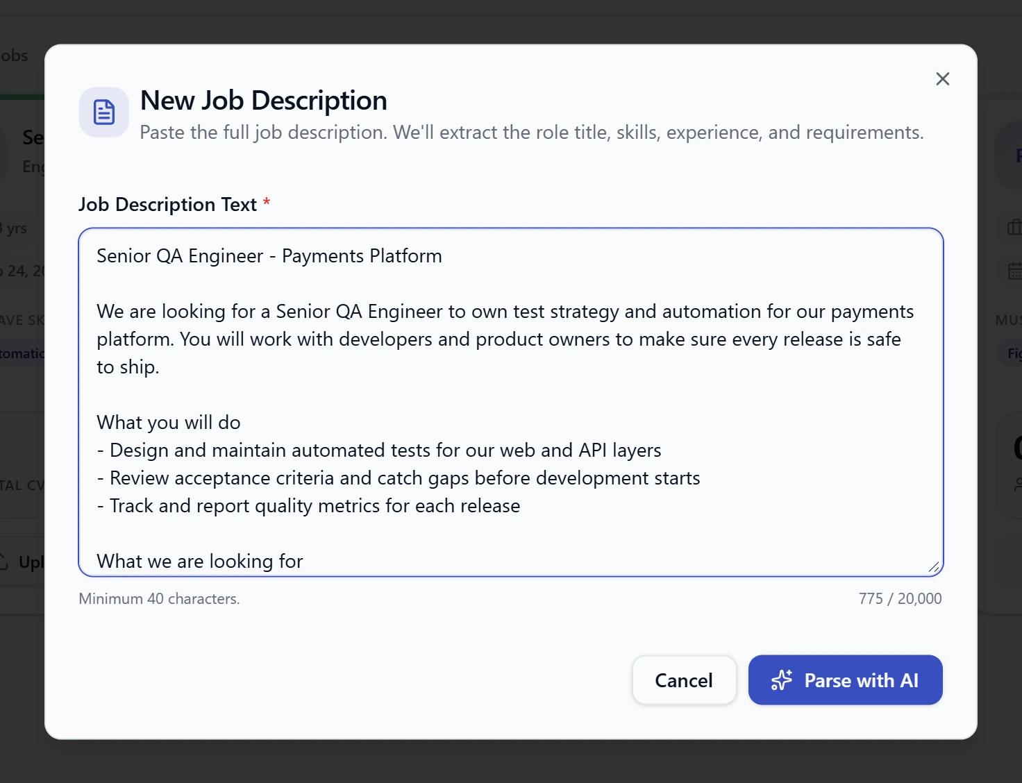 The New Job Description box with a job posting pasted in