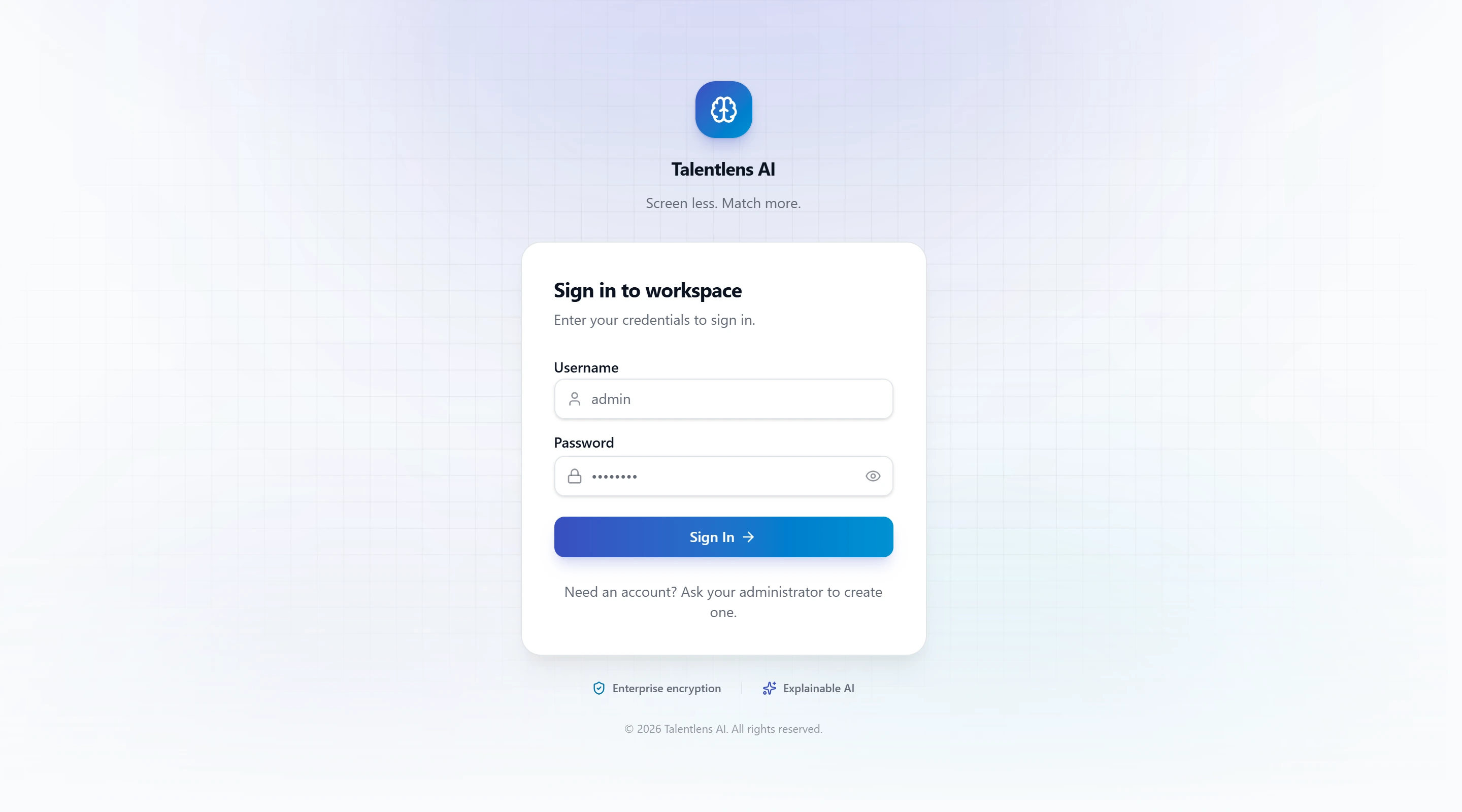 The Talentlens AI sign-in page, with username and password boxes